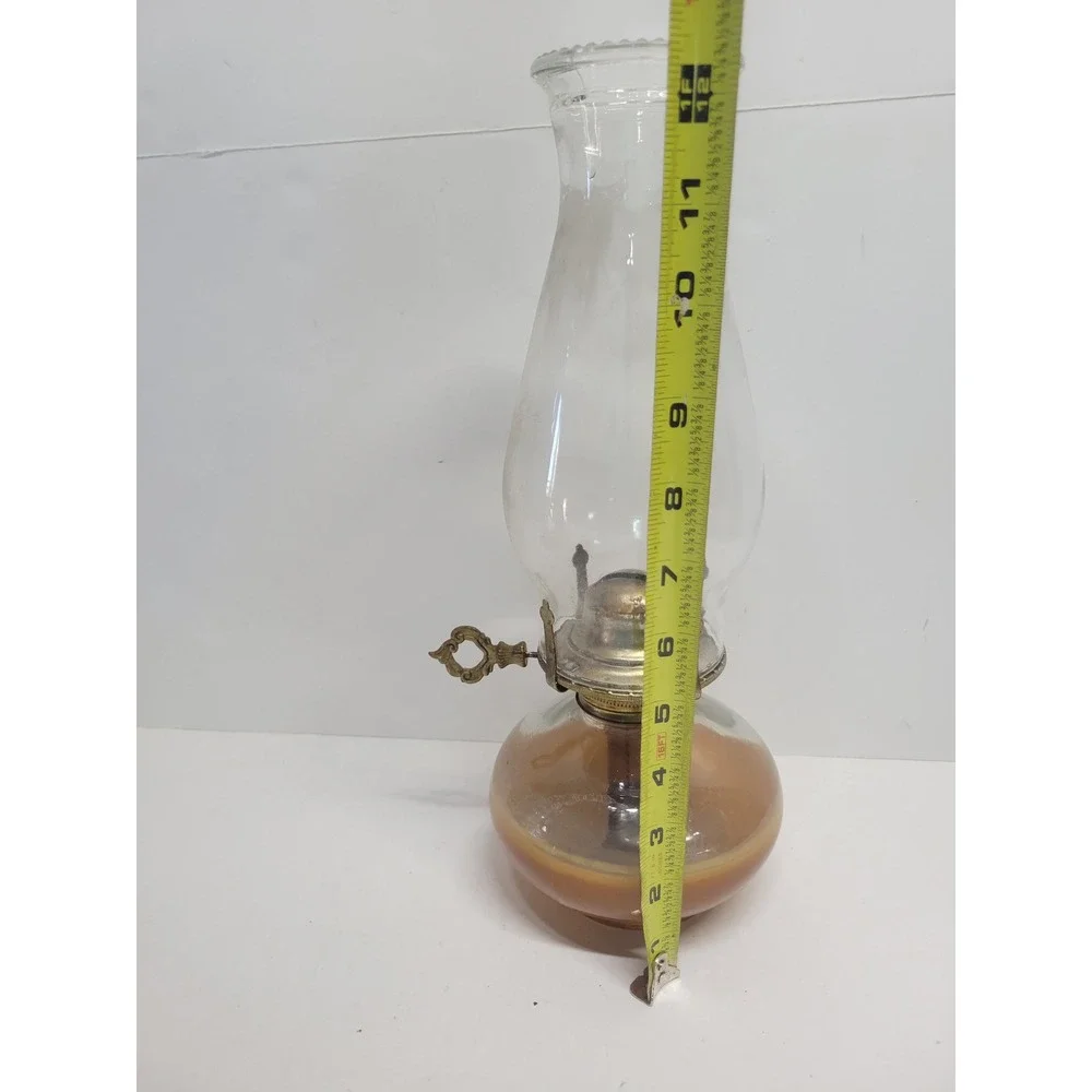 Vintage Amber Glass Oil Lamp with Clear Beaded Chimney 12in‎